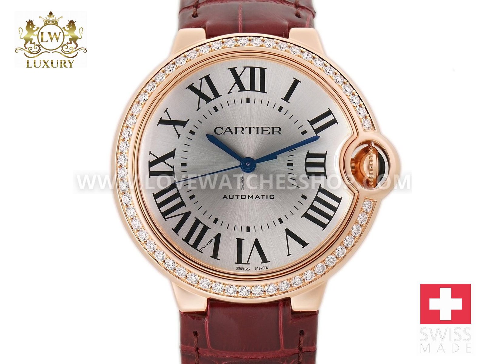 Cartier Ballon Bleu 36mm Steel Bezel Automatic On Burgundy Strap