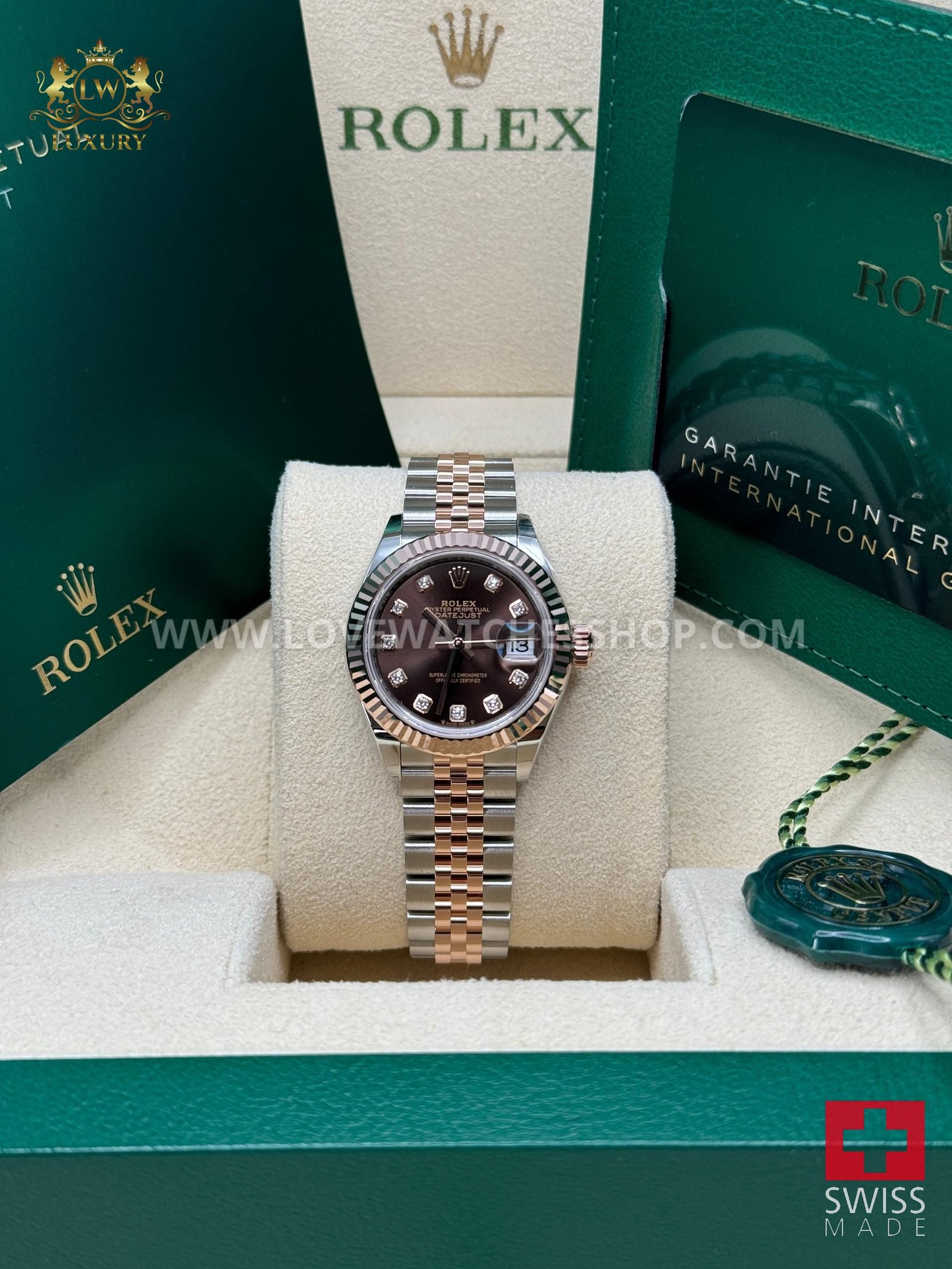 Rolex Lady-Datejust Chocolate Dial Two Tone Rose Steel Fluted Bezel Jubilee 28mm