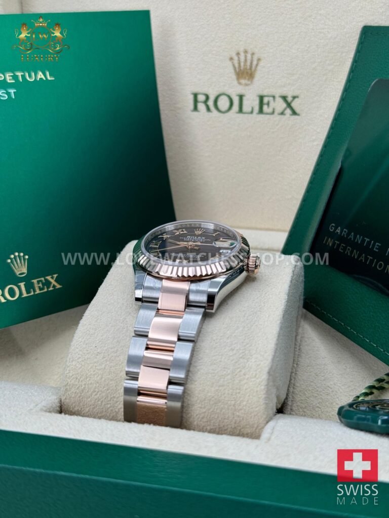 Rolex Datejust 31 Aubergine Purple Roman Dial Two Tone Rose Steel Fluted Oyster