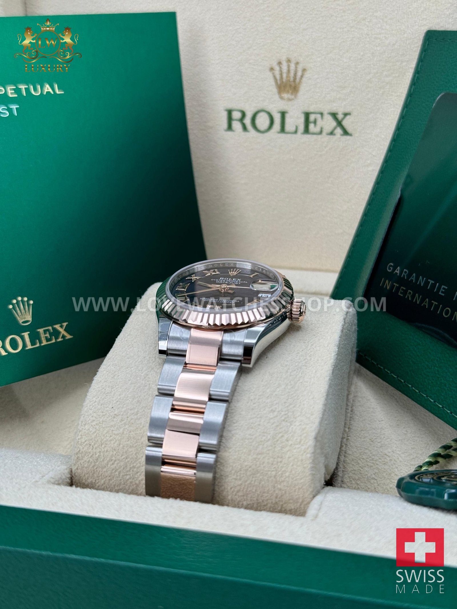 Rolex Datejust 31 Aubergine Purple Roman Dial Two Tone Rose Steel Fluted Oyster