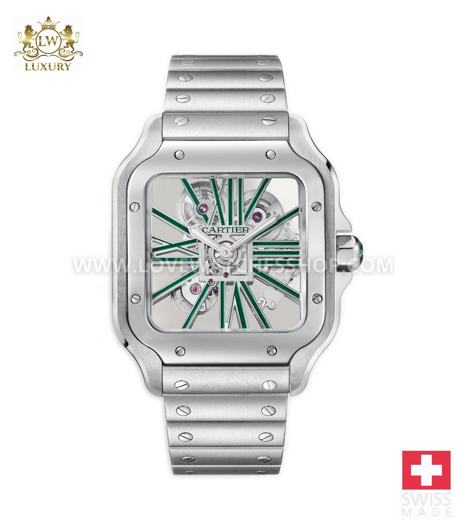 Cartier Santos 40mm Large Green Skeleton Dial Stainless Steel Bracelet Manual