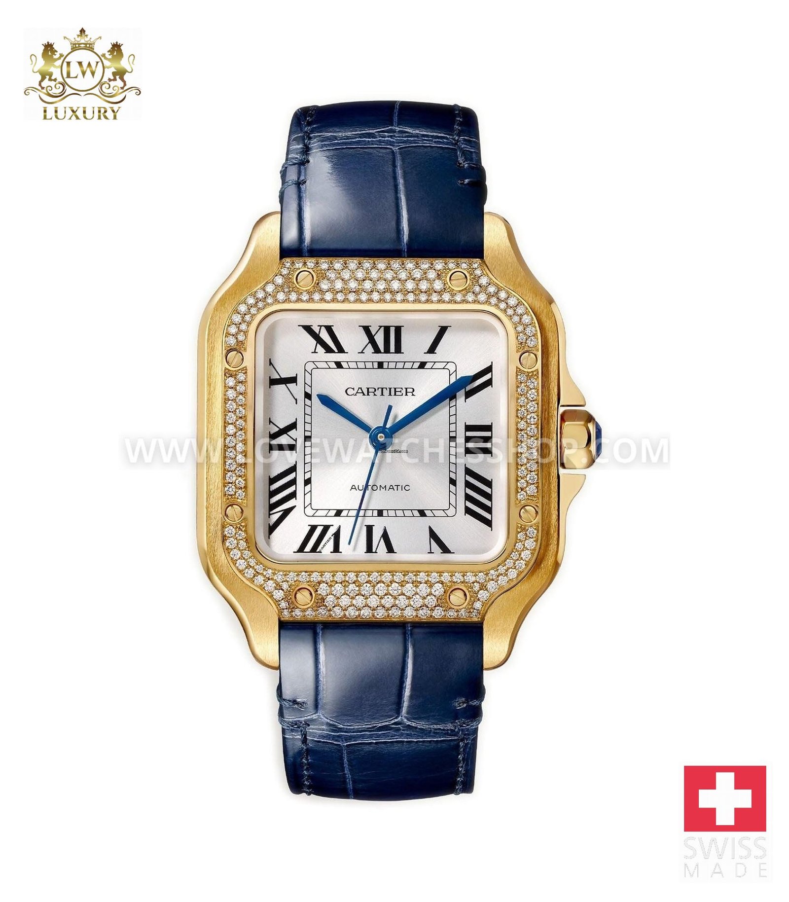 Cartier Santos 35mm Medium 18k YG Bezel Silver Dial