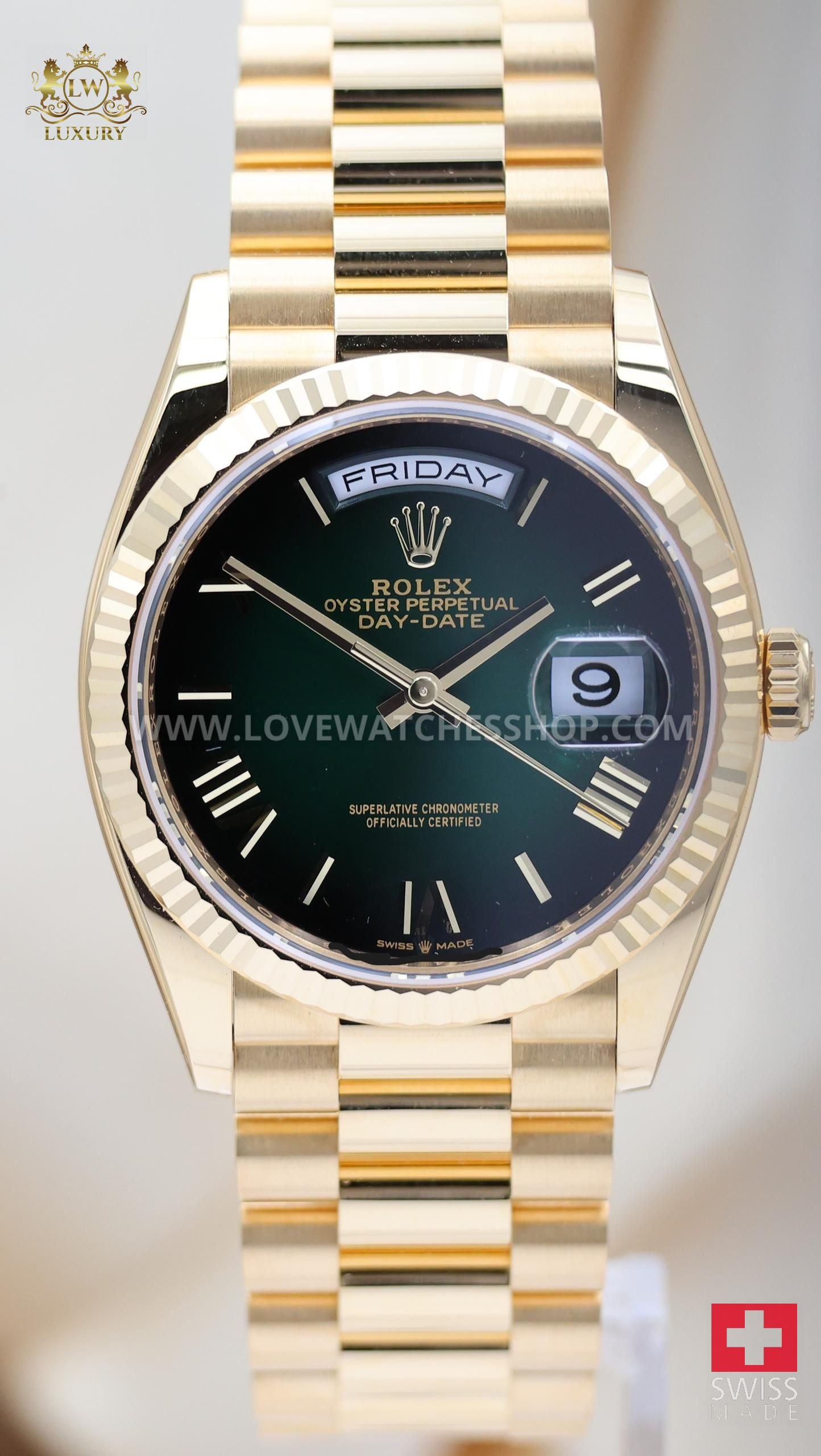 Rolex Day-Date 36 Green Ombre Blatt Neu 128238 Papers + Box