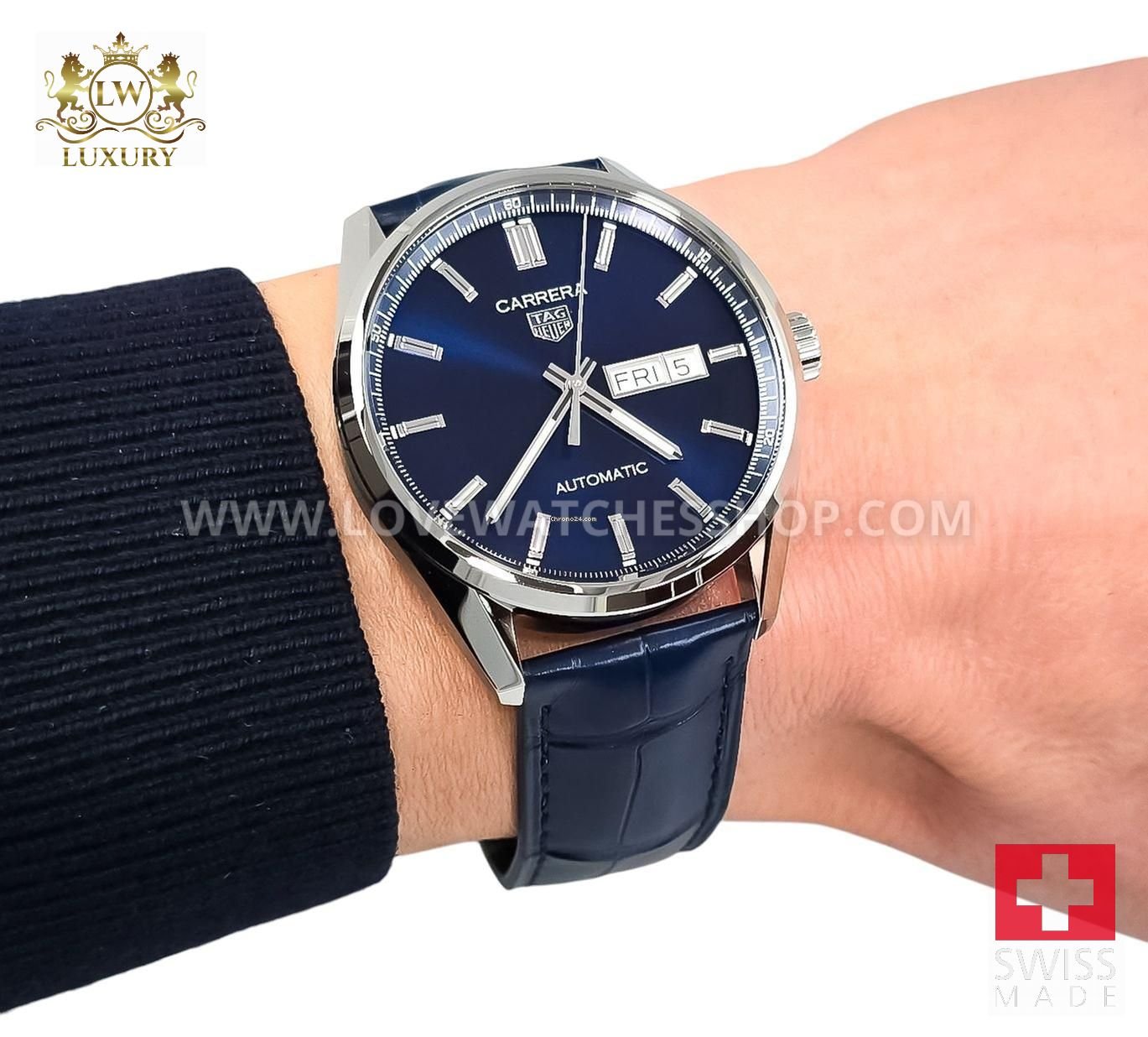 TAG Heuer Carrera Calibre 5 Automatic 41mm Day Date Blue Dial Steel Case Blue Leather Strap WBN2012