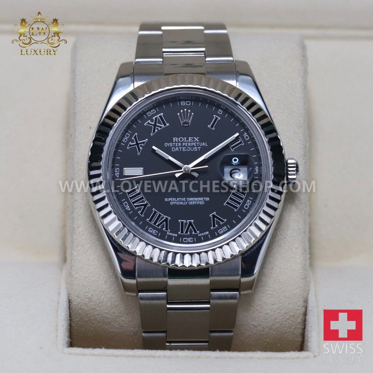Rolex Datejust II Black Roman 41mm White Steel Fluted Oyster