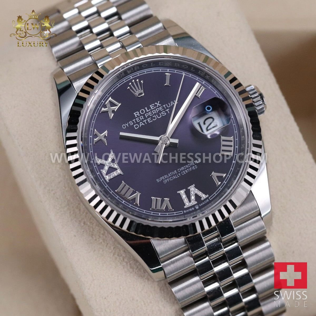 Rolex Datejust Complete Mint 36 Purple Roman 126234 Steel Fluted Jubilee