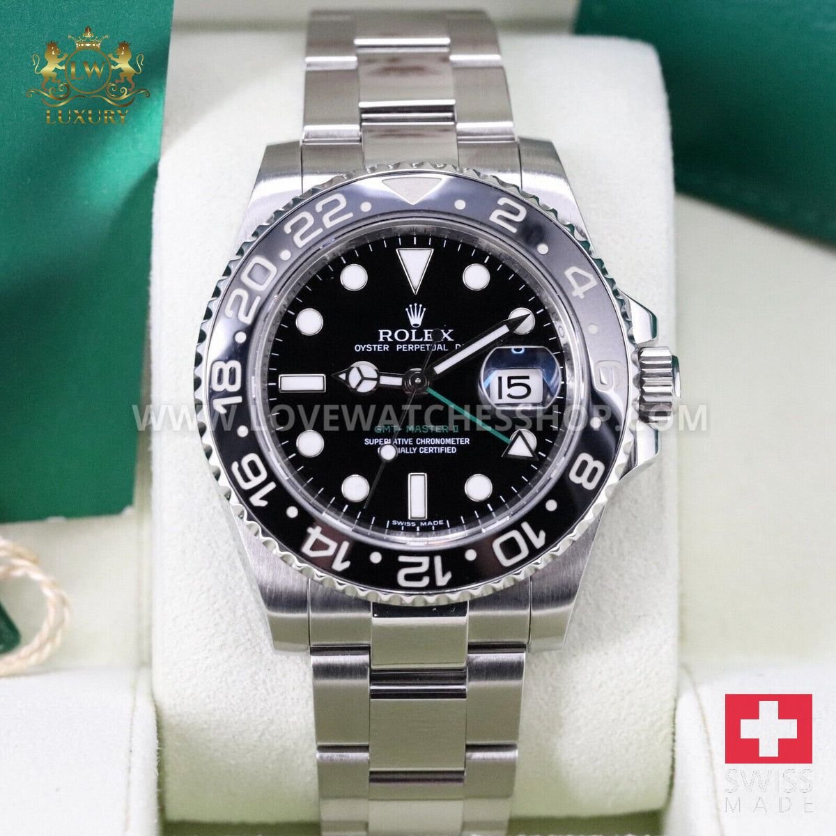Rolex GMT-Master II 40mm Green Arrow Black Bezel Steel Bracelet 116710LN