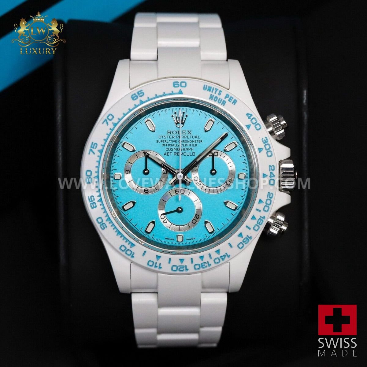 Rolex Ceramic Daytona Abu Dhabi AET Remould 40mm Custom White Blue Limited 1/18