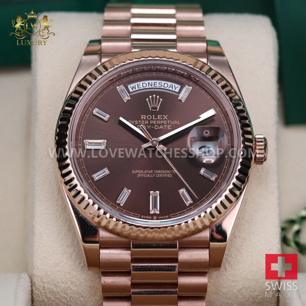 Rolex Day Date 40mm Chocolate Baguette Dial Rose Steel 228235
