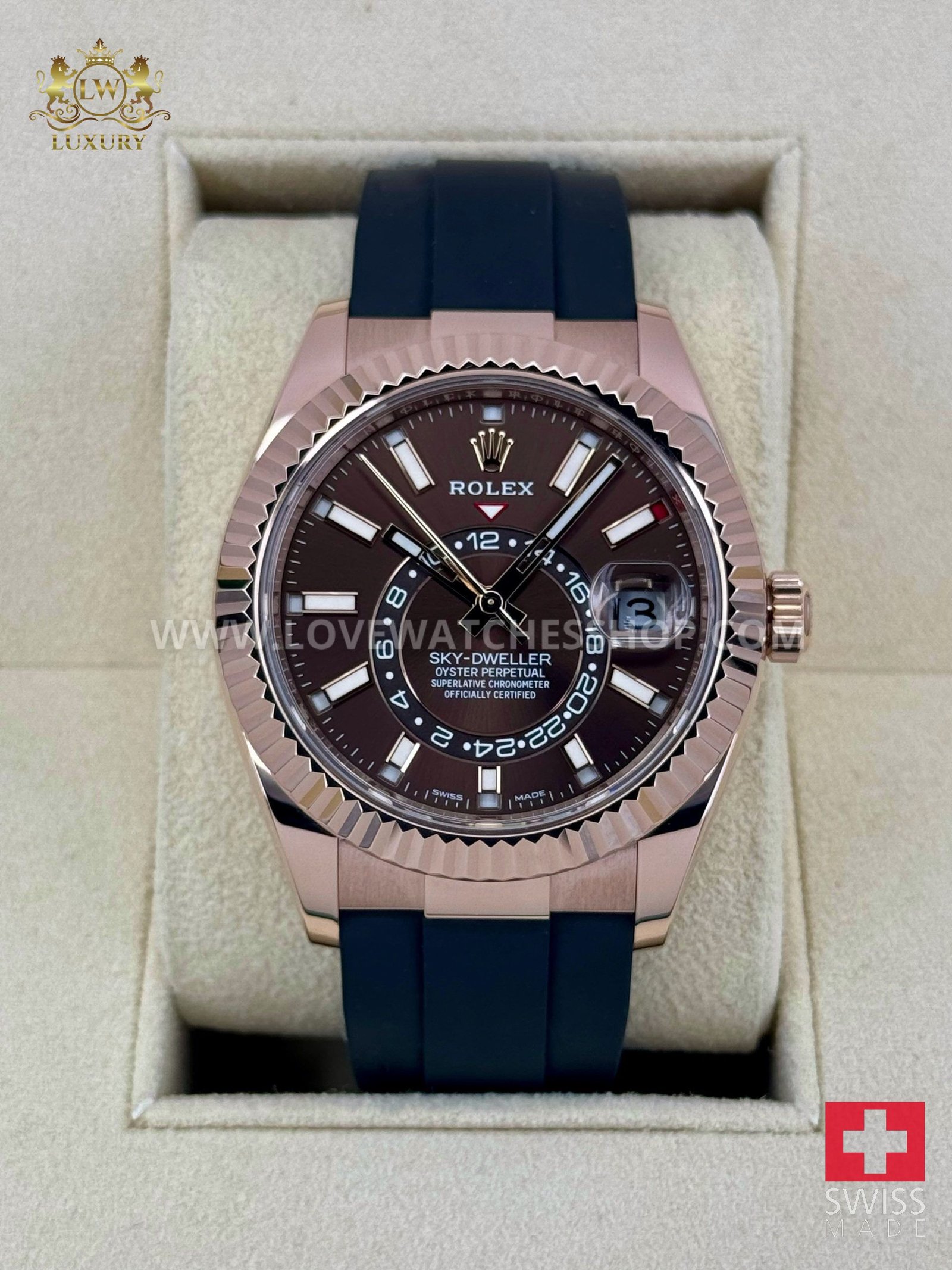 Rolex Sky-Dweller 42mm 326235 Rose Steel Oysterflex Chocolate Dial