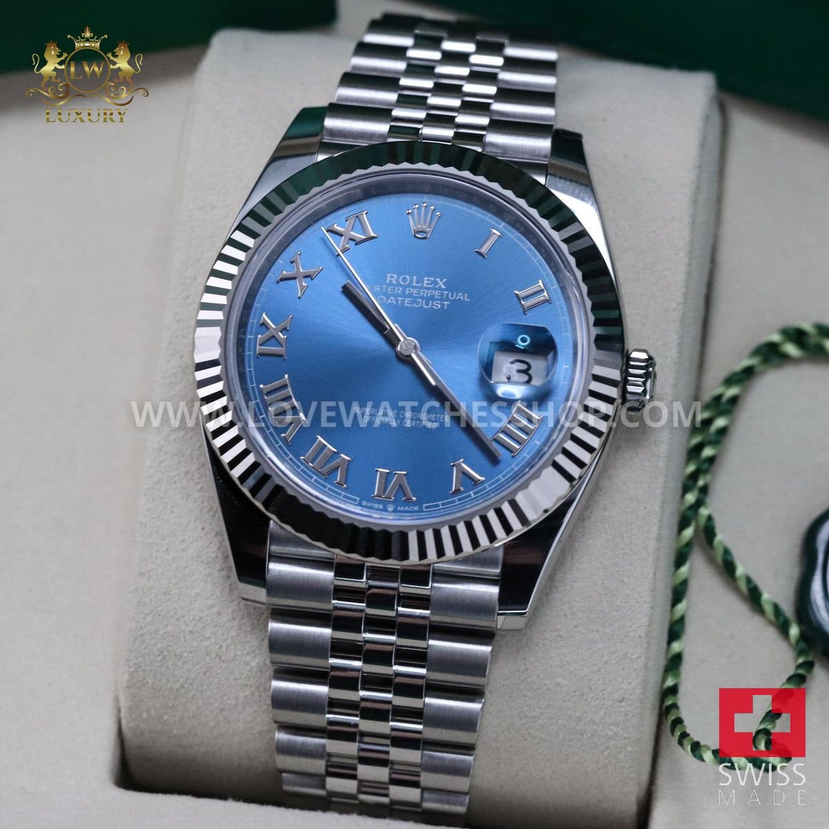 Rolex Datejust 41 Azzurro Blue Roman Dial Fluted Jubilee 126334 Oyster Perpetual White Steel Oystersteel