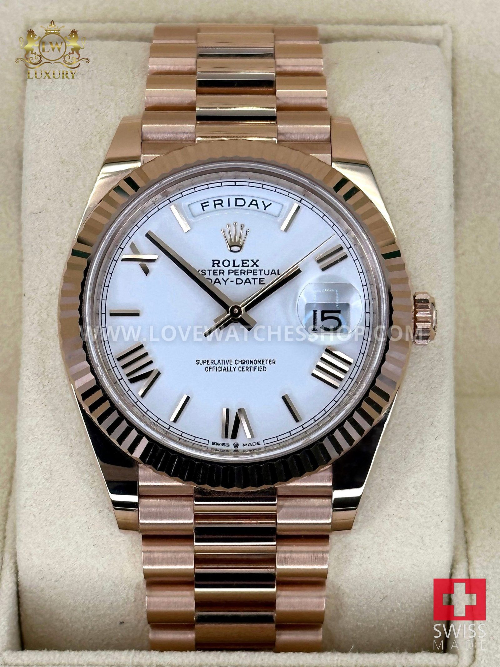 Rolex Day-Date 40 mm 228235 Presidential Rose Steel White Dial