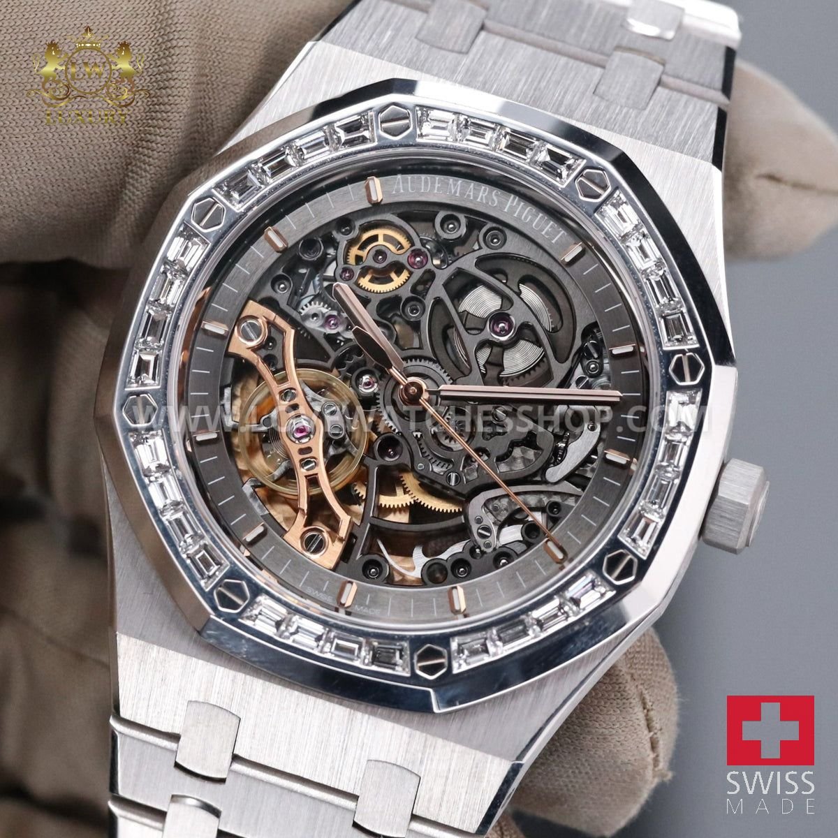 Audemars Piguet Royal Oak 41mm White Steel Double Balance Wheel Openworked Factory Baguette Bezel 15412BC.ZZ.1220BC.01