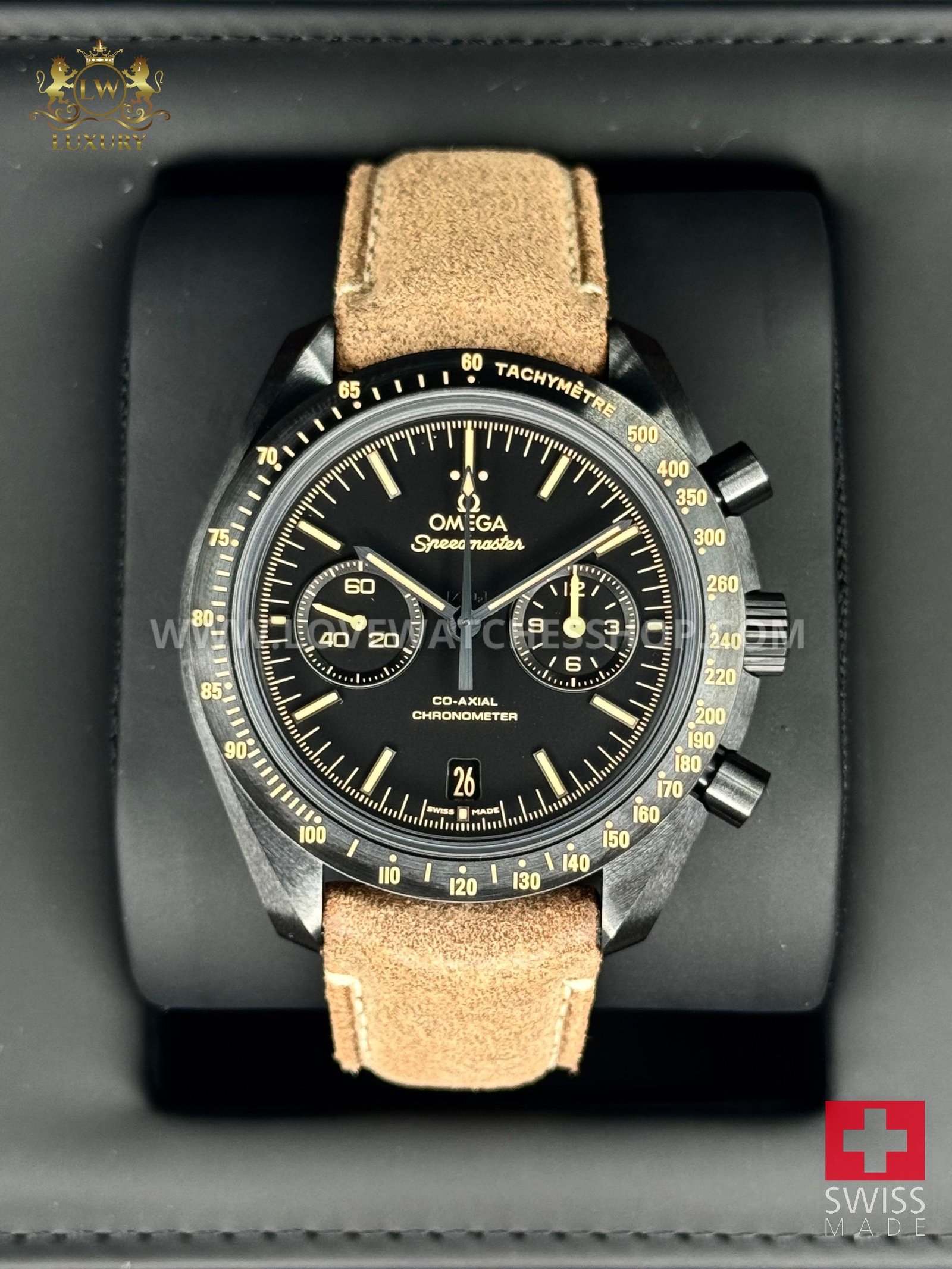 Omega Speedmaster 42 mm 311.92.44.51.01.006 tan leather strap Dark Side of the Moon