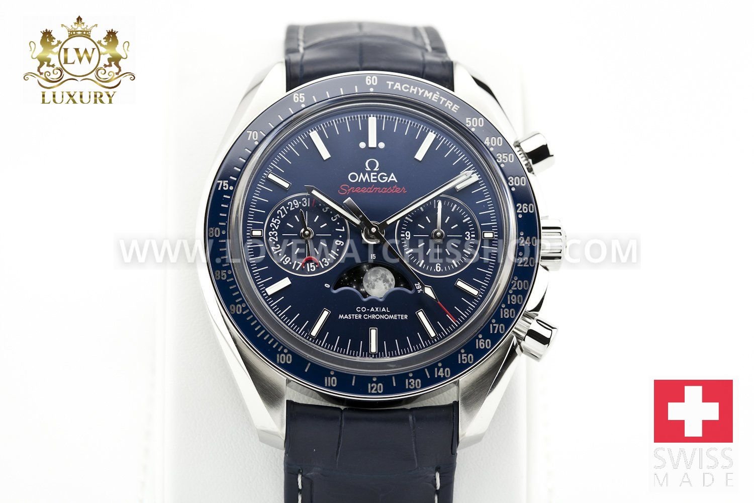 Omega Speedmaster black leather strap Moonphase Blue 44.25mm 304.33.44.52.03.001