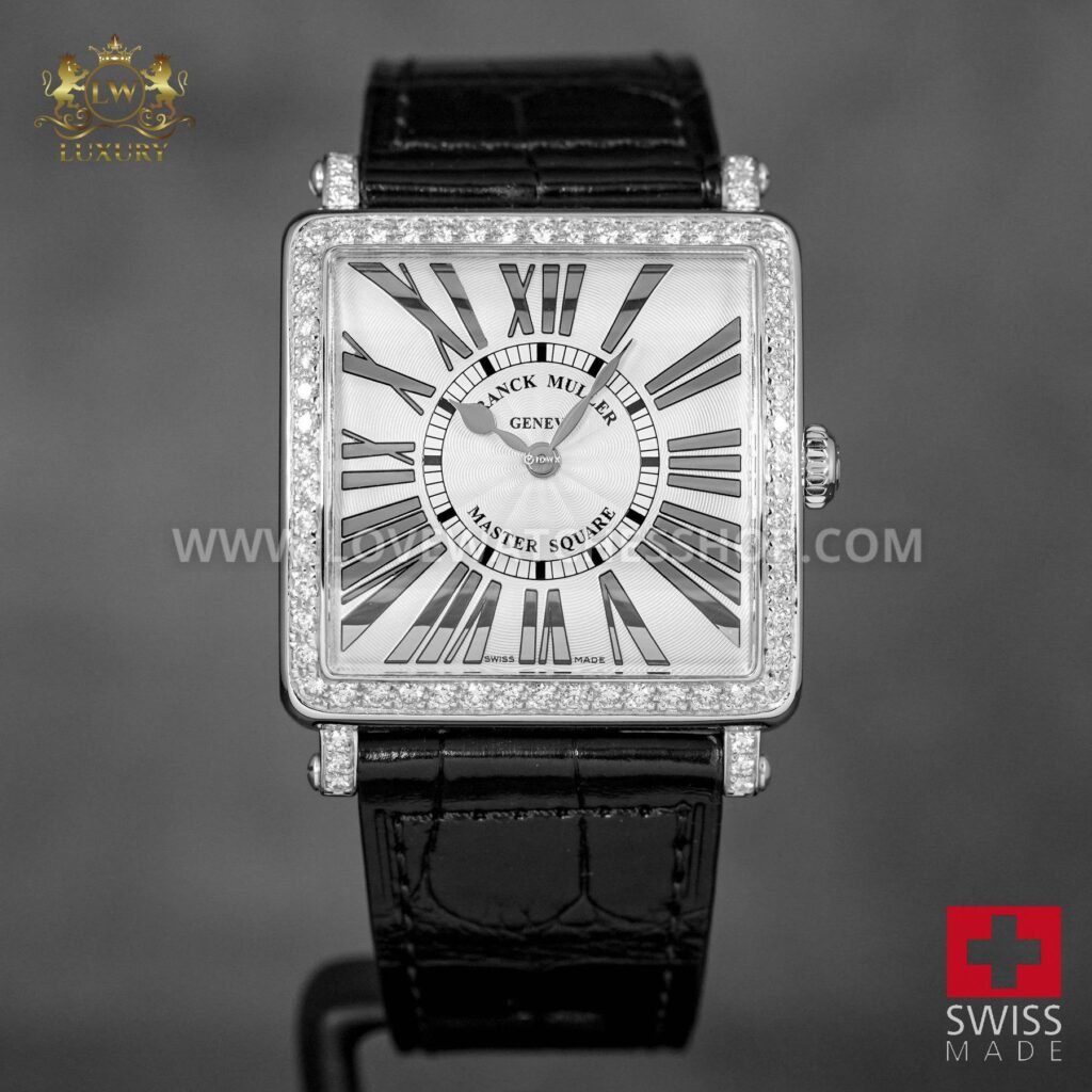 MASTER SQUARE black leather strap and SILVER DIAL BEZEL