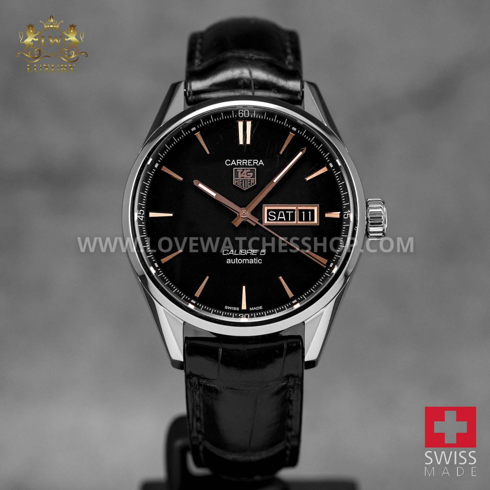 CARRERA DAY-DATE BLACK DIAL LEATHER STRAP (WATCH ONLY)